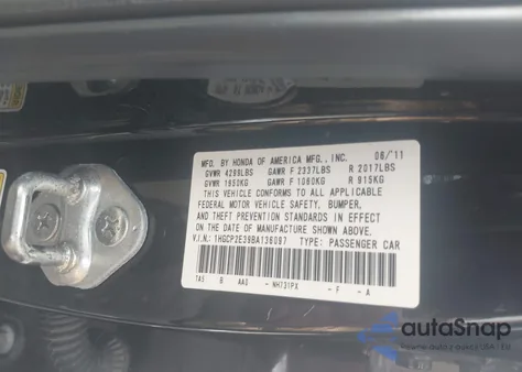 2011 Honda Accord 2.4 Lx из США, поврежденный, VIN 1HGCP2E39BA136097